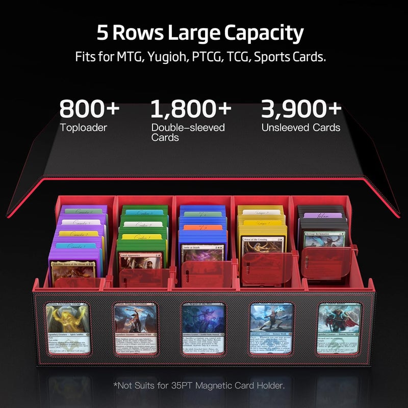 MORCCO Trading Card Storage Box 5-Row 3900+ Capacity,TCG MTG Card Case with Magnetic Lid & Commander Display,Top Loader Storage for Sports Cards,Includes Dividers Dice Box（Black＆Red） - Image 3